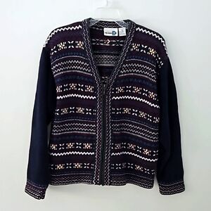 Vintage zip front Grandma-core cardigan sweater fair isle flowers size large‎